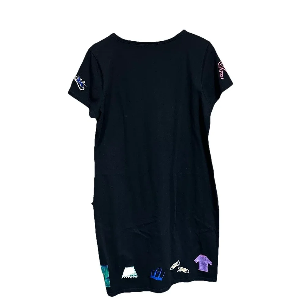 Michael Simon Lite Black Short Sleeve‎ Midi Dress Embroidered Vtg 90's Women's M